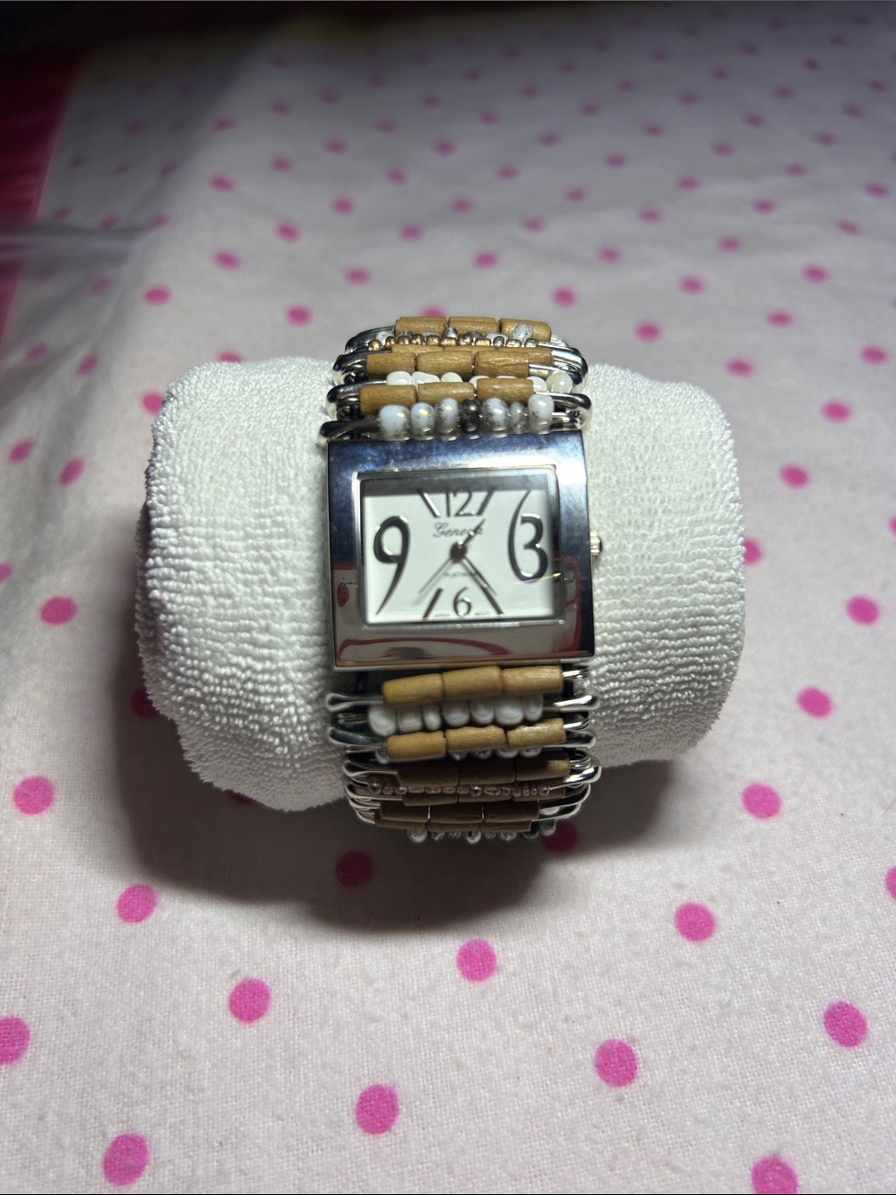 UNIQUE. Geneva Silver Square Dial Watch with Earth Tones Beaded Strap
